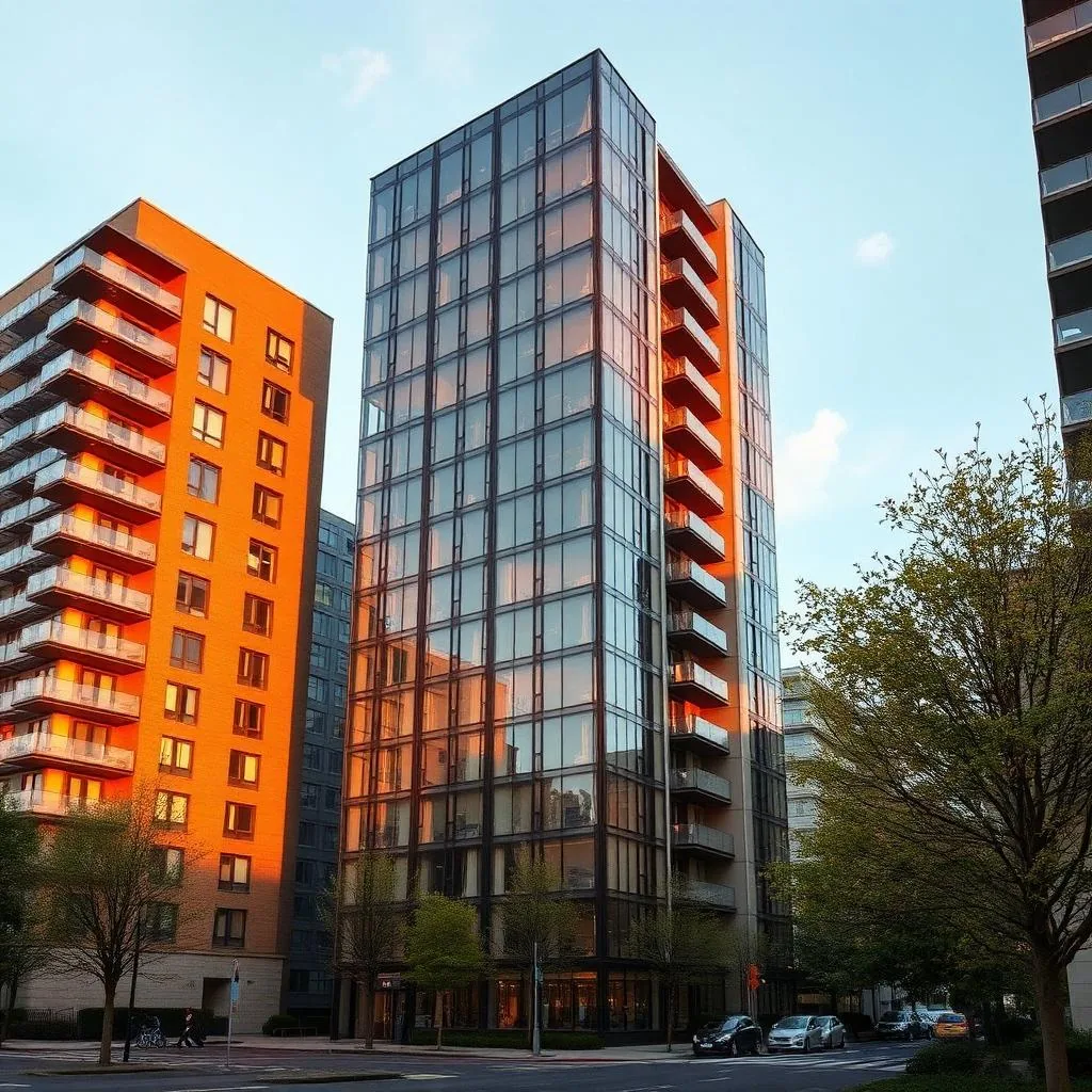 A modern high-rise residential apartment building exterior in Stratford E20 near the Olympic Park.
