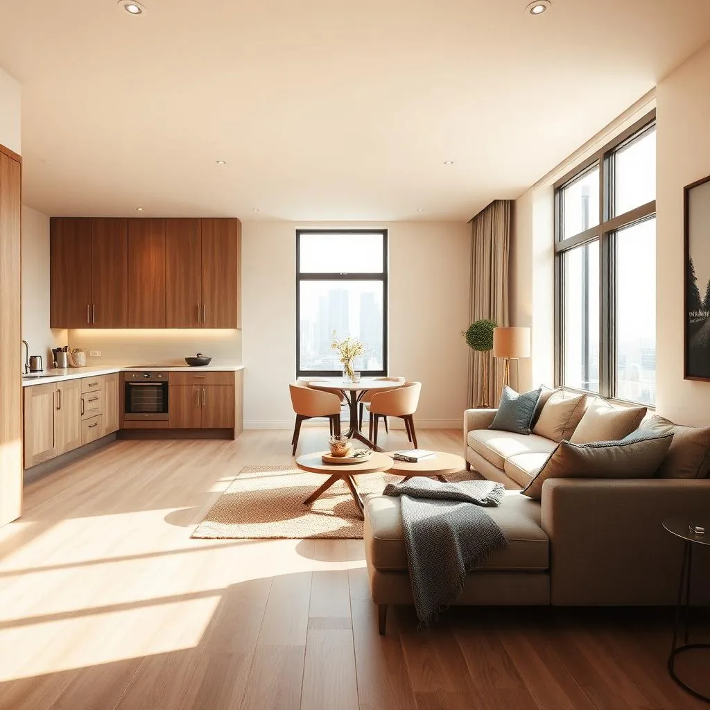 A contemporary Stratford open-plan apartment living and kitchen area with pale timber floor and large city-view window.