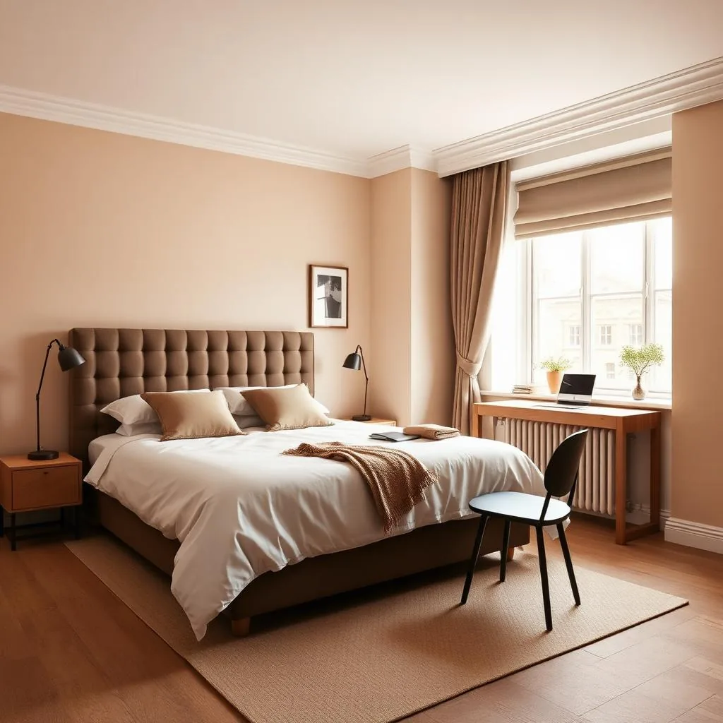 A Stratford apartment bedroom set up for project workers with a tailored bed and small work desk by the window.