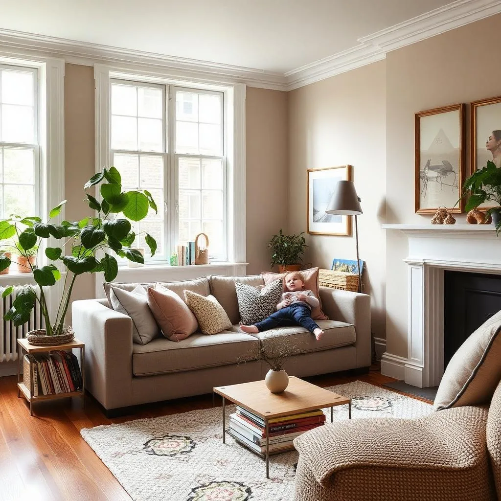 A Wandsworth family living room with comfortable neutral sofa, soft rug and plants by sash windows.