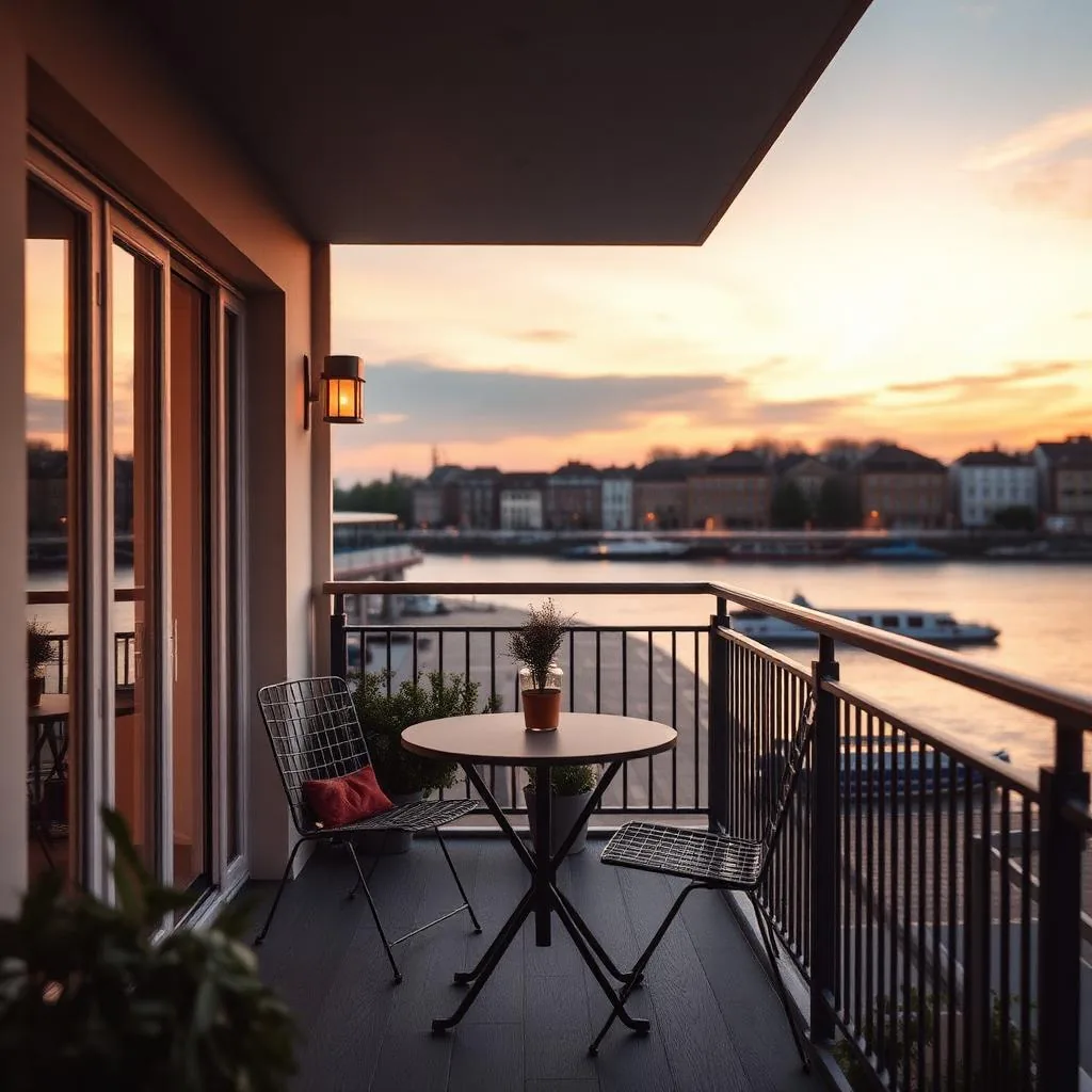 A Wandsworth riverside flat balcony overlooking the Thames at dusk with simple bistro chairs and plants.