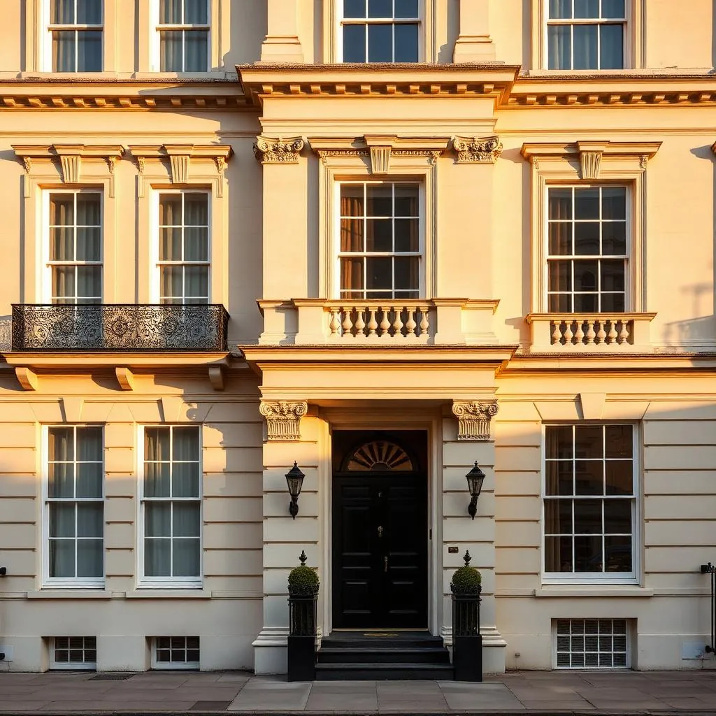 A Westminster prime mansion-block exterior in cream Portland stone near St James's, central London.