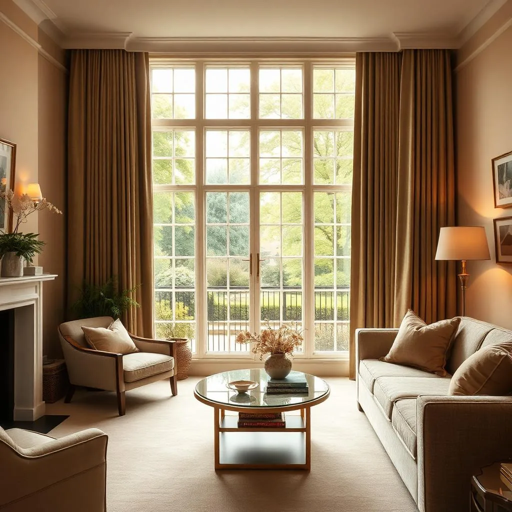 A Westminster period flat sitting room with tall sash windows overlooking a leafy garden square.