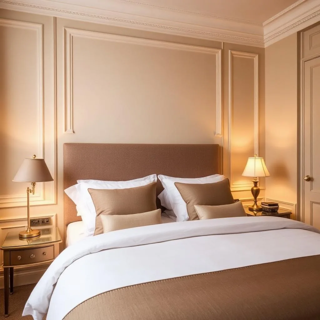 A boutique Westminster apartment bedroom with tailored bedding and classical mouldings.