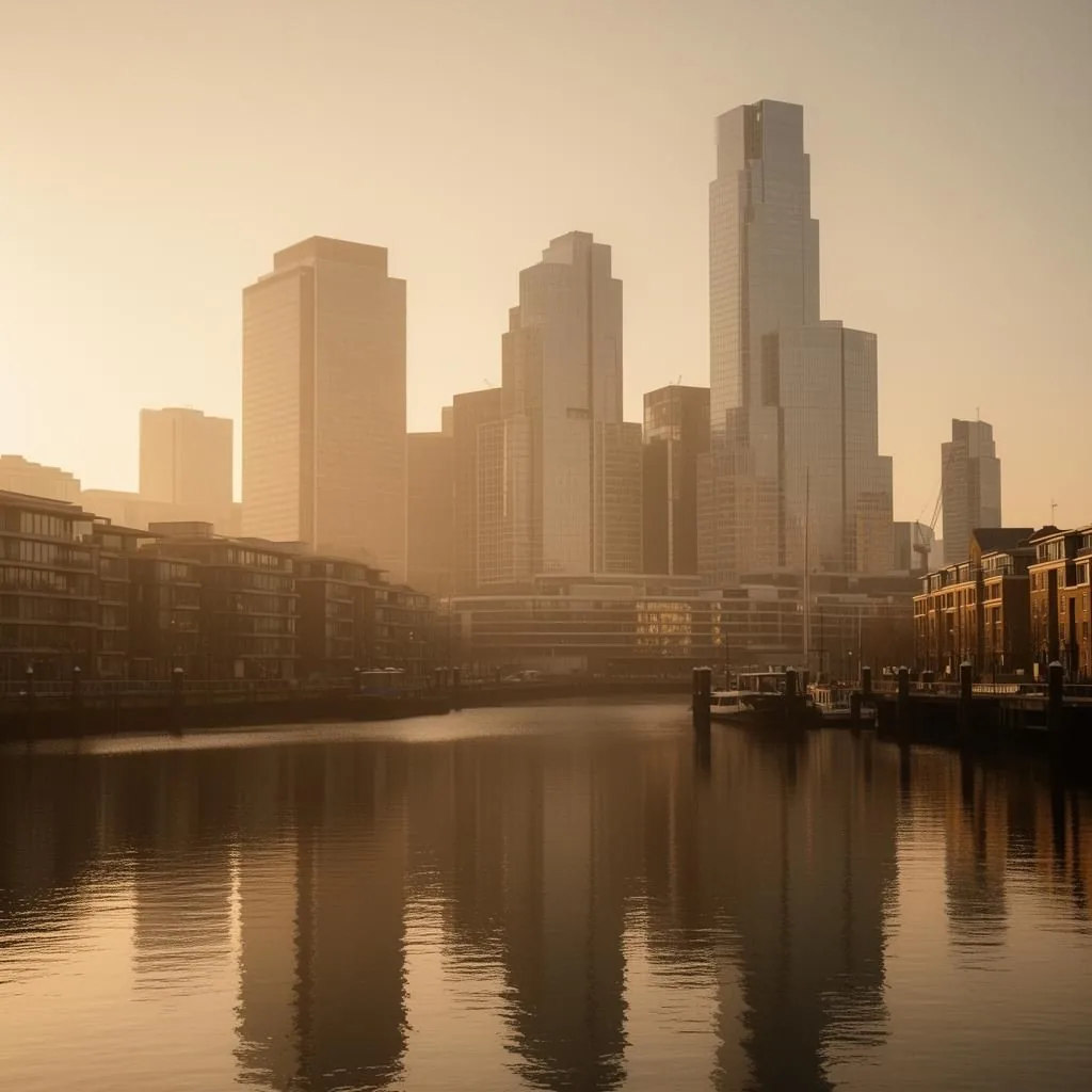 Atmospheric view of the Canary Wharf towers and Docklands in east London (E14), the area Hostahome manages short-lets across.