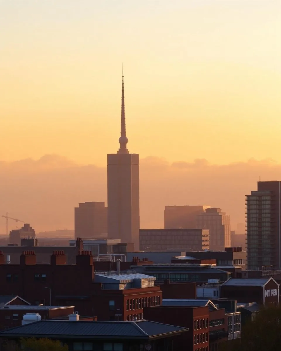 Manchester city centre skyline at dusk with Beetham Tower.