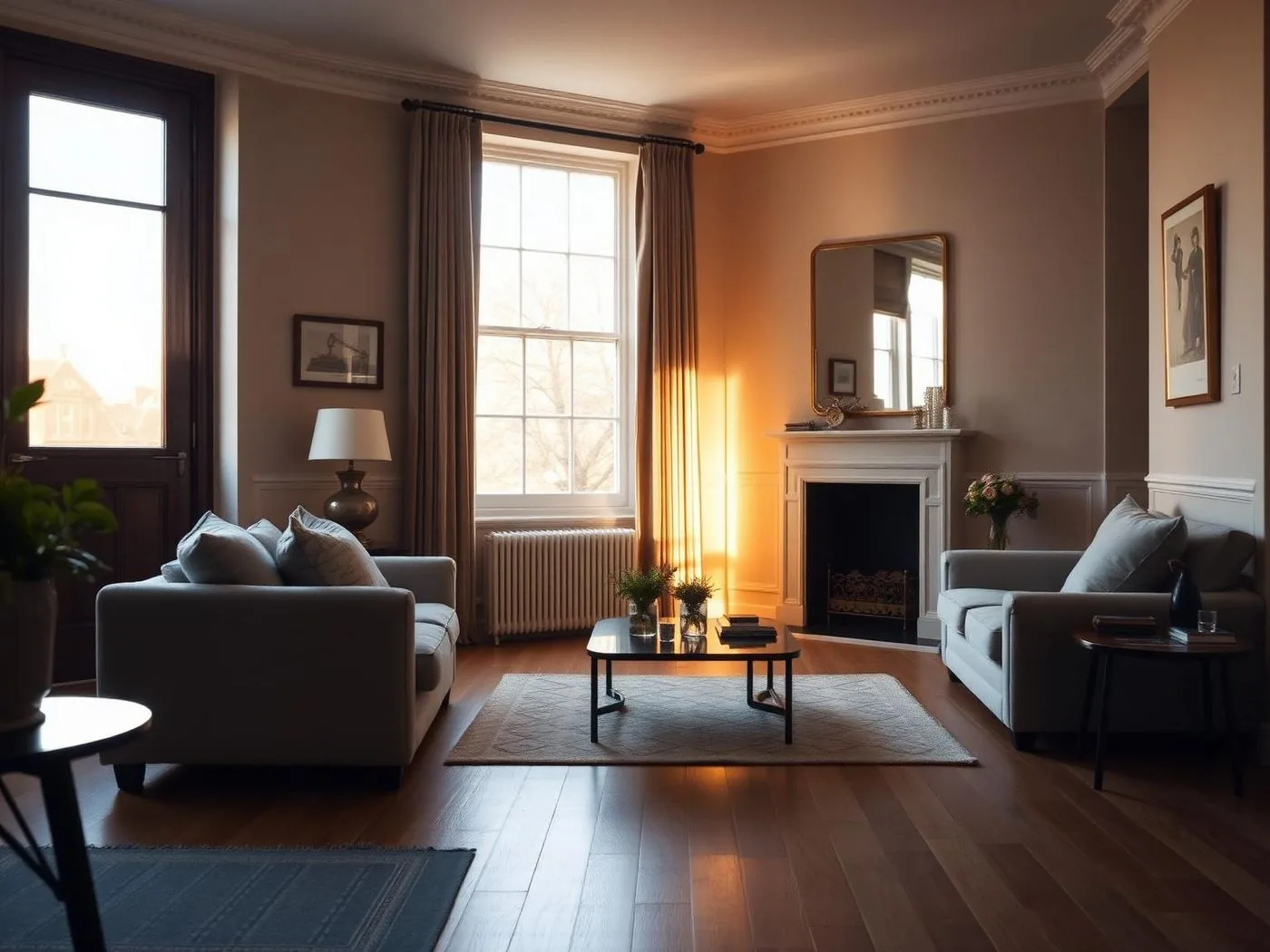 A warm, considered UK living room at golden hour, illustrative of the homes Hostahome manages